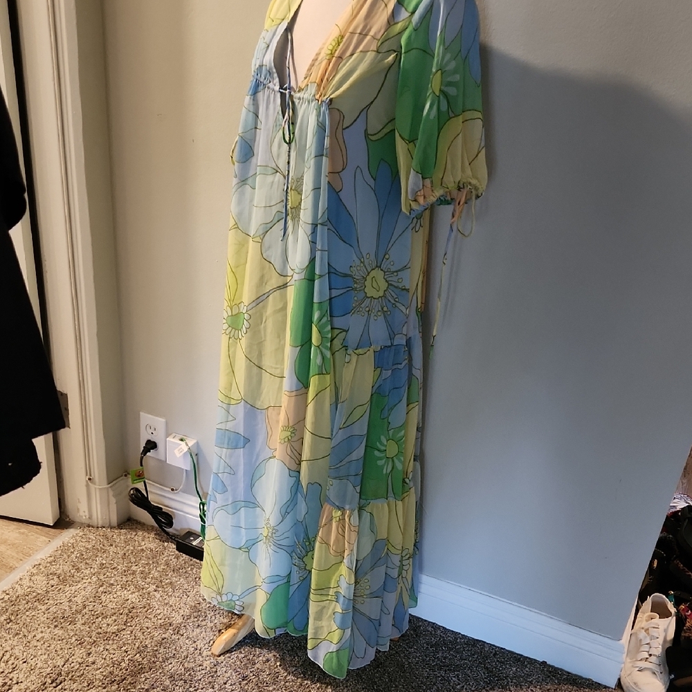 Floral Maxi Dress with Green and Blue Accents